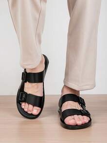 2026 New Men's Beach Slides, Double Buckle Design, Fashionable Strap Sandals - Black - View 5