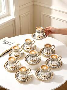 Set Of 6 Ceramic Coffee Cups And Saucers (90 Ml Each), Suitable For Use In The Microwave And Dishwasher; Includes Espresso Cups And Arabic Coffee Cups. Ideal For Afternoon Tea, Cafes, The Kitchen And Home Decor; The Perfect Gift. - Multicolor - View 5