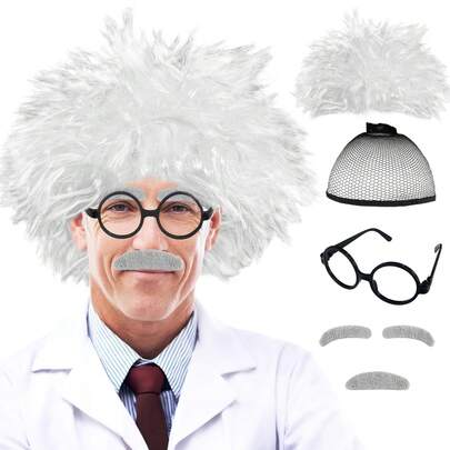 Set Wig Ilmuwan Tua Gila 6 Buah, Kostum Wig Fisikawan Tua Gila, Kostum Kakek, Perayaan 100 Hari, Wig Pesta Bermain Peran, Alis, Jenggot, dan Kacamata