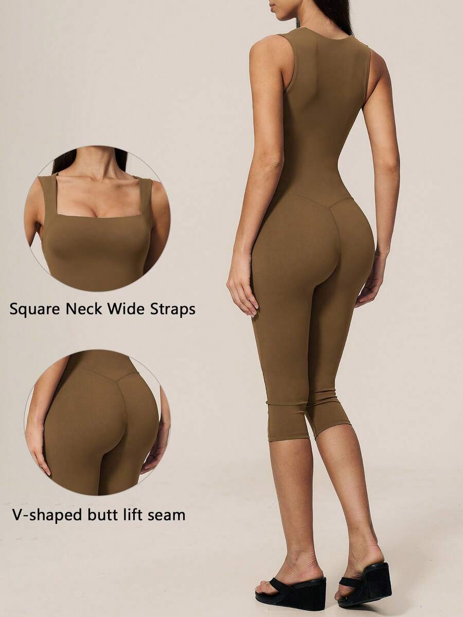 TimeOff Women's 1pc Solid Color Square Neck Thick Strap Waist-Cinched Running Gym Workout Jumpsuit - Brown - View 1