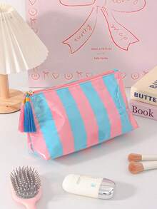 Waterproof Striped Cosmetic Bag With Tassel Large Capacity Makeup Bag Portable Wash Bag Multi-Color Travel Makeup Storage Bag For Beach & Bathroom - Multicolor - View 8