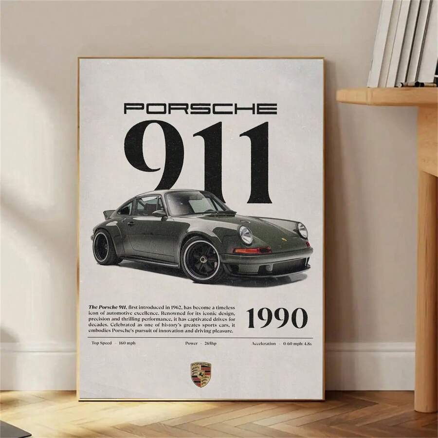 1PC Vintage-Style German Sports Car Wall Art-Understated Dark Green Porsche 911 (Includes Model Overview And Performance Specs); High-Definition Printed Canvas; Unframed; Suitable For A Boy's Room. - 1990 Model - View 1