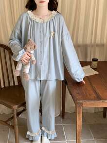 2pcs/Set Women's Pajamas Loungewear Set, Cardigan With Ruffle Lace Trim, Fashionable Long Sleeve & Long Pants, Easy Care Fabric - Blue - View 5