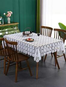 HXARTMIS 1PC White & Coffee Dual-Color Daisy Hollow Crochet Lace Rectangular Tablecloth, Sheer Mesh Floral Table Cover With Wavy Edge, Suitable For Wedding, Tea Party, Kitchen - White Coffee - View 14