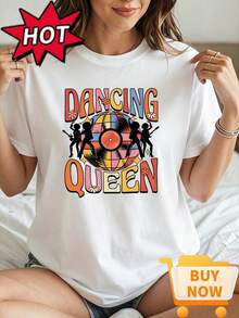 T-shirt imprimé vinyle disco "" pour femmes, col rond, manches courtes, haut musical de fête, cadeau rétro décontracté - Blanc - Voir 1