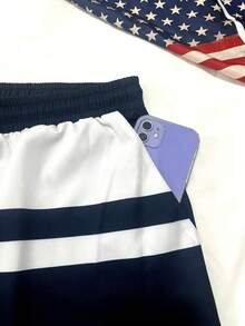 Men's Color-Block Swim Trunks (Red, White, And Navy Stripes; With Built-In Brief Liner) - Blue and White - View 12