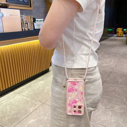 1pc Fashionable Coral Turtle Pattern Phone Case With Adjustable Shoulder Strap, Pink Eye Stair Diamond Sand, Anti-Drop Anti-Slip Protective Cover For Android Phones S26 Ultra S25 Ultra S24 Ultra S23 Ultra/ A54 A55 A57 A37/ Note 14 Pro 5G/HONOR/