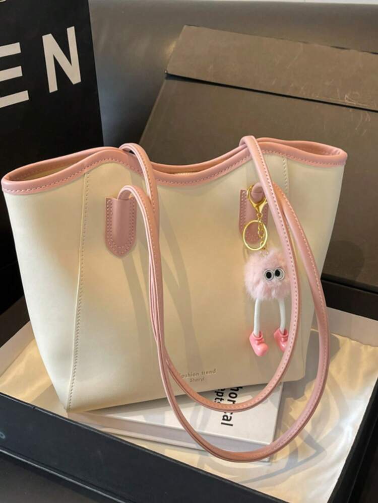 Women's Shoulder Tote Bag, Solid Color & Dual Tone, Plush Monster Doll Pendant, Zipper Closure, Large Capacity, Sweet Commute Daily Work Shopping Handbag - Pink - View 7