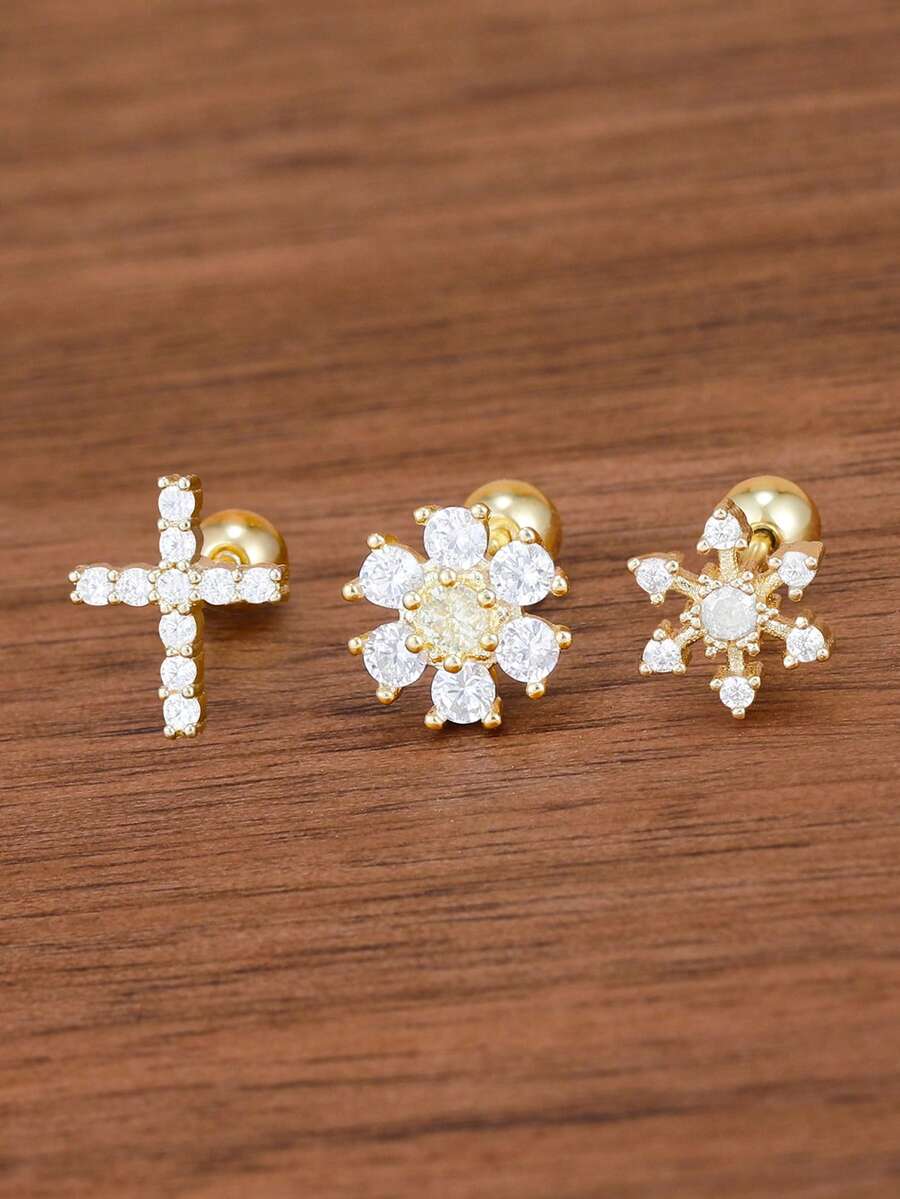 3pcs 18K Gold Plated Stainless Steel Minimal Crystal Flower Cross Piercing Earrings Set Helix Studs Tragus Cartilage Studs Earring Jewelry Gift - 5-gold-3PCS - View 1