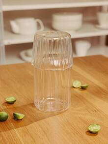 Haus Hana 1pc High Borosilicate Glass Cup Set With Vertical Stripes, Including 1 Glass Teapot And 1 Cup - Clear - View 2