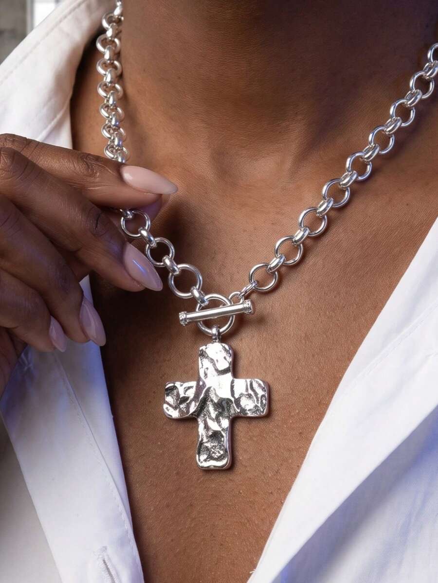 1 Buah Kalung Salib Gothic Grunge Dark Academia, Rantai O Tebal Perak dengan Tekstur Palu, Salib OT Toggle, Perhiasan Pernyataan Unisex - Perak - View 1