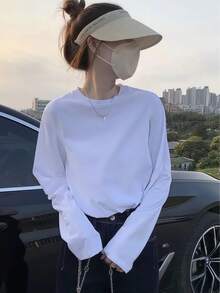 Korean Style Relaxed Fit White Round Neck Long Sleeve Top Women Spring Autumn Loose Drapey Lazy Niche Casual Solid Color Pullover T-Shirt - White - View 2