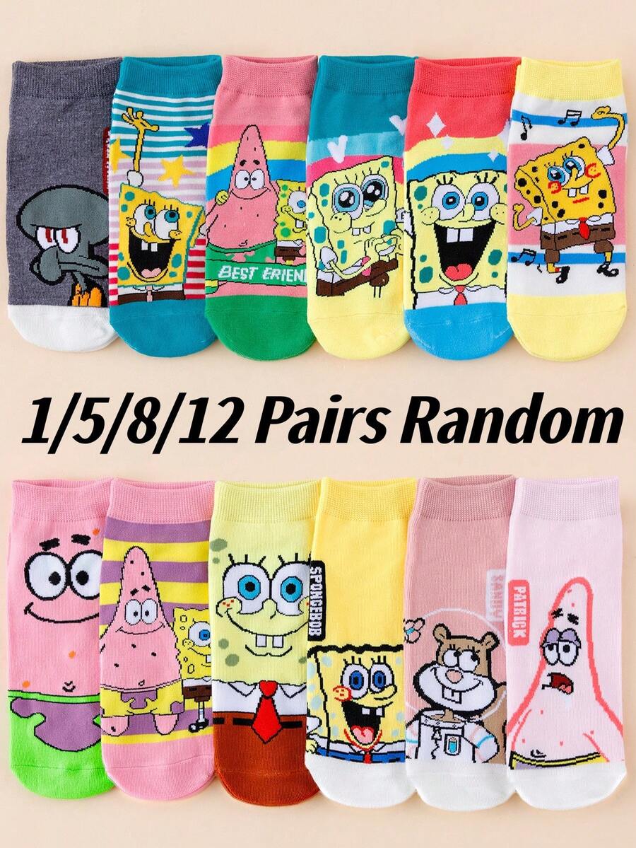 SpongeBob SquarePants 1/5/8/12 Pairs Random Women Full Character Ankle Socks, Macaron Color Tones Casual Daily Versatile Socks - Multicolor - View 1