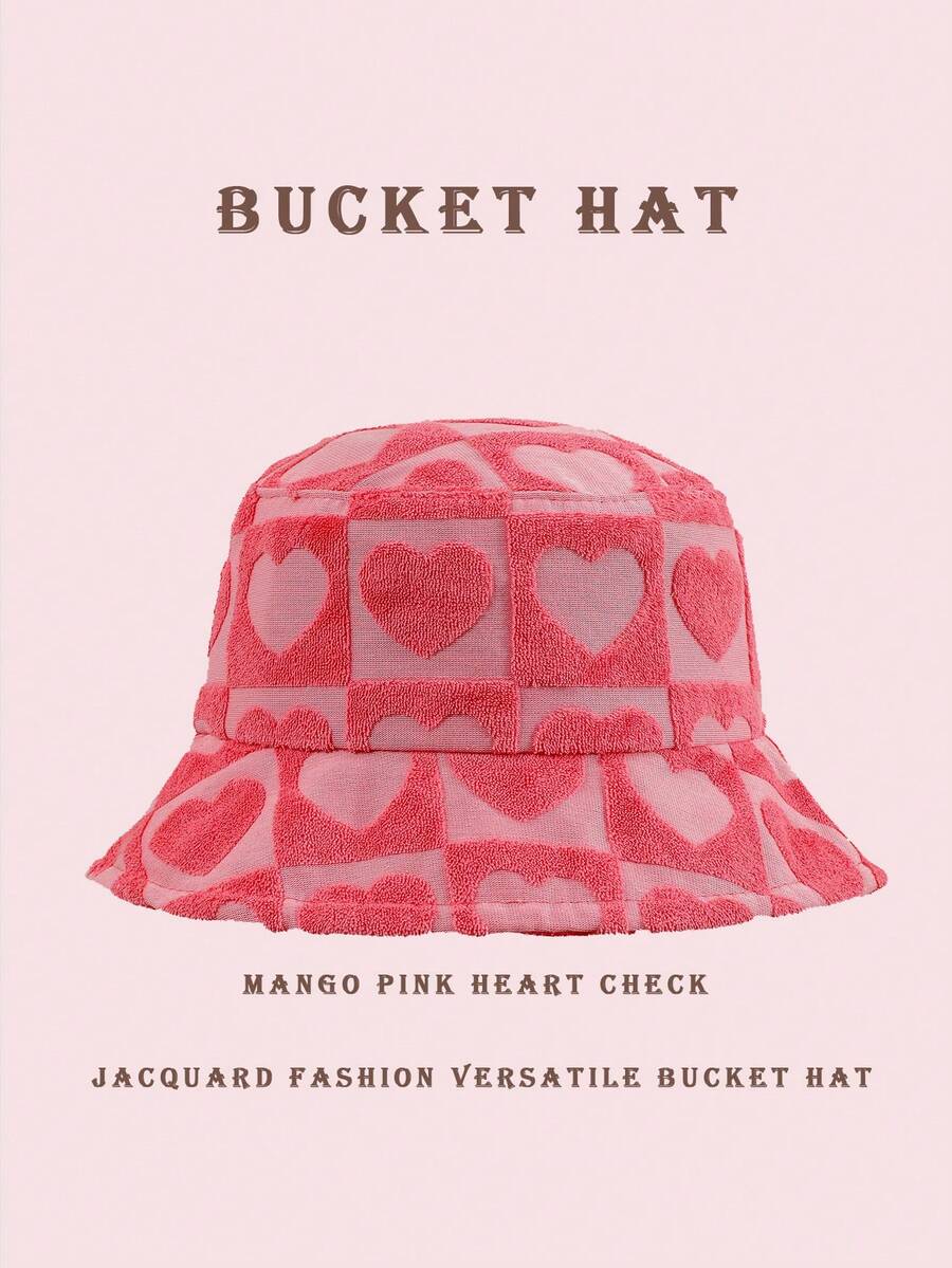 1pc Sun Wave Casual Streetwear Polyester Shell Jacquard Decor Bucket Hat, Geometric 3D Pattern, Spring Summer Autumn Winter - Heart Raspberry Pink - View 1