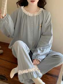 2pcs/Set Women's Pajamas Loungewear Set, Cardigan With Ruffle Lace Trim, Fashionable Long Sleeve & Long Pants, Easy Care Fabric - Blue - View 7