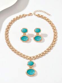 2pcs/Set Minimalist Vintage Creative Wide Chain Geometric Oval Faux Turquoise Pendant Necklace + Earrings Set, Women's Jewelry, Suitable For Daily, Holiday, Party Wear, Gift For Women - Yellow Gold - View 2