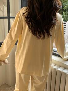 2pcs/Set Women's Pajama Loungewear Set, Penguin Print Cute Lapel Cardigan Long Sleeve Cropped Pants Comfortable Home Style - Yellow - View 4