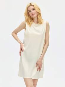 Leorrey 1pc Women's Fashion Long Tank Dress, Round Neck, Sleeveless, Ruched Cuffs, Loose, Soft, Comfortable, Sports Dress - Beige - View 6