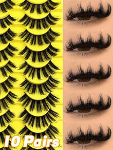 10 Pairs New Natural False Eyelashes, Manga Style, Faux Mink Fur, Cat Eye False Eyelashes, Natural Voluminous Effect, Essential Makeup Tool For Travel, Date, Party, Vacation, Suitable For Beginners, Easy To Use. - Yellow - View 2
