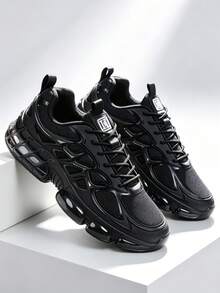 2026 Latest Plus Size Men's Sneakers, Thick Sole Elevated Chunky Sneakers, Solid Black Color, Shock Absorbing Lightweight Outdoor Running Shoes, Lace-Up Classic Marathon Running Shoes, Youth Street Fashion Basketball Shoes - Black - View 2
