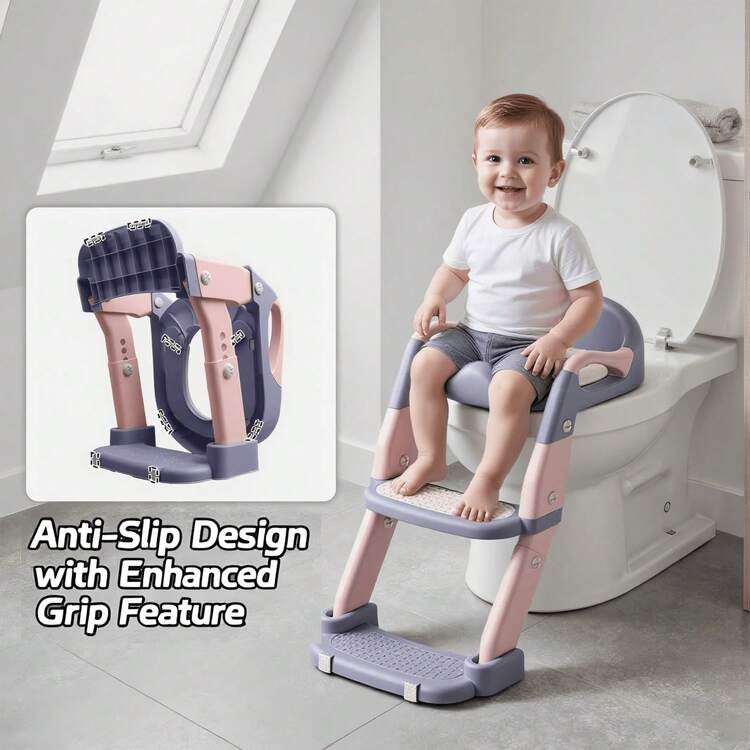 Luminpool Children's Toilet Seat With Steps, 2-In-1 Toilet Step Stool For Toddlers, Soft, Non-Slip Seat Cover With Splash Guard And Built-In Footstool - Purple - View 8