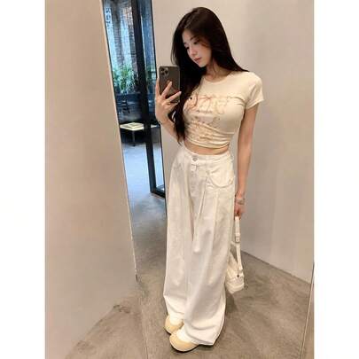 ワイドパンツ レディース デニム ハイウエスト ジーンズ タック入り ジーパン 体型カバー ゆったり ストレート ロングパンツ カジュアル