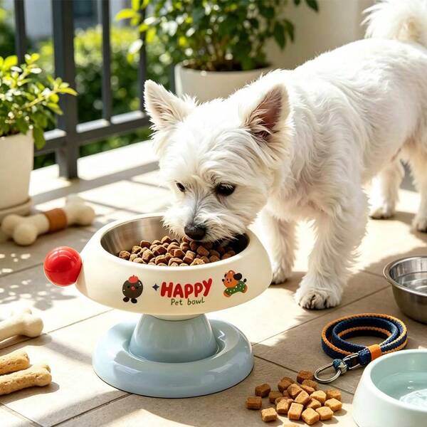 1pc Macaron Color Block Raised Pet Bowl - Cartoon Cute Tilted Neck Protection Cat Food Bowl, Stable Base, Detachable Inner Liner, Universal Feeding Bowl For Cats And Dogs
