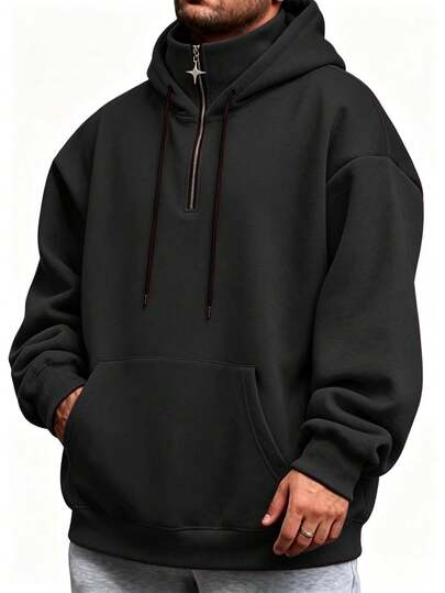 Men's Plus Size Half-Zip High Neck Hoodie, Solid Color Loose Fit Casual Pullover Sweatshirt