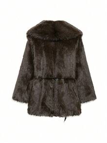 Lapel Tie Faux Fur Mid-Length Coat - Brown - View 10