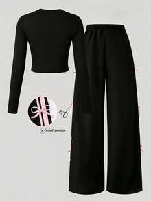 Tween Girls Slogan Print Round Neck T-Shirt And Contrast Stripe Bow Decor Long Pants - Black - View 2