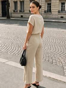 Beige Linen Blend 2 Pieces Outfit, Elegant Casual Summer Vacation Short Sleeve Top Wide Leg Pants Matching Set For Women - Apricot - View 2