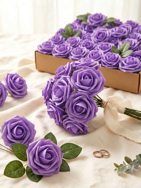 MEHELANY 25pcs Artificial Foam Roses, PE Realistic Rose Flowers With Lifelike Stems, Suitable For Party Wedding Floral, Home Decor, DIY Wreath, Wall Arch Craft, Outdoor Garden Yard Balcony Decoration, Tabletop Centerpiece, Birthday, Independence Day, Anniversary Decoration