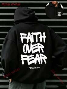 Faith Over Fear, Letter Print Pocket Hoodie, Men's Casual Long-Sleeve Drawstring Style, Autumn & Winter New-Unisex Loose-Fit Hooded Sweatshirt-K88 - 黑色1 - 查看 8