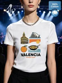 VALENCIA Coastal Orange Coast Print Cotton Short Sleeve T-Shirt Spain Summer Vacation Look - 白色 - 查看 3