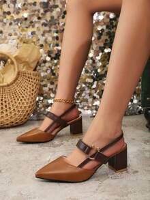 Women's Summer New Korean Style Closed Toe Pointed Toe Single Strap Roman Sandals Low Vamp Chunky Heel High Heels - Brown - View 3