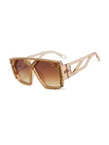 1PC Women's New Double Bridge Square Frame Full Rhinestone Sunglasses, Cool Vintage Textured Daily Casual Street Commute Driving Travel Beach Vacation Photo Versatile Fashion Accessory - Multicolor - View 2