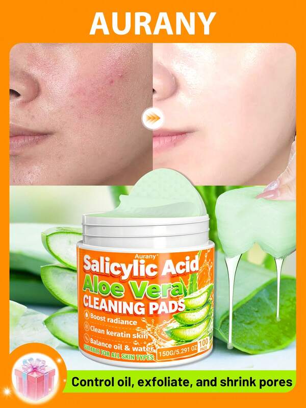 AURANY Salicylic Acid Exfoliating Cleansing Pads, Suitable For Oily Sensitive Skin, Deep Pore Cleansing And Blackhead Removal, Oil Control And Balance Radiance, Brightening And Purifying, Contains Aloe Vera For Gentle Daily Skincare, 100 Pieces