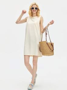 Leorrey 1pc Women's Fashion Long Tank Dress, Round Neck, Sleeveless, Ruched Cuffs, Loose, Soft, Comfortable, Sports Dress - Beige - View 9