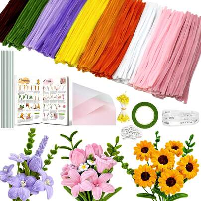 [171/371/706pcs Pipe Cleaner Craft]Chenille Stems Flower Kit –Pipe Cleaners,Stamens,Pearl Decorations,Stems,Ribbon,Tape,Video Tutorial,Wrapping Paper. Beginner-Friendly. Soft Pastel Fuzzy Sticks,Craft DIY, Art, Party Decoration, Gifts,All-In-One Set