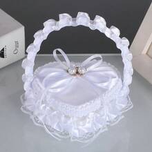 Cesta de almacenamiento de anillos de boda de satén blanco en forma de corazón con lazo de encaje y decoración de perlas para despedida de soltera, ceremonia de compromiso, soporte para anillos, cesta de picnic. - Negro - Ver 1