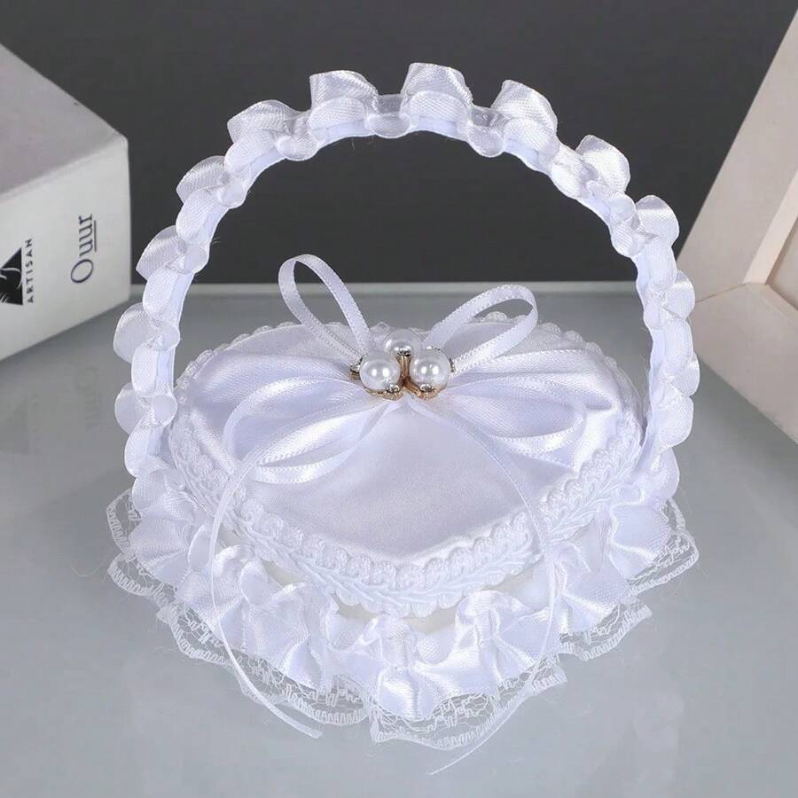Cesta de almacenamiento de anillos de boda de satén blanco en forma de corazón con lazo de encaje y decoración de perlas para despedida de soltera, ceremonia de compromiso, soporte para anillos, cesta de picnic. - Negro - Ver 1