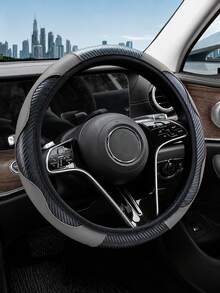 1pc Grey Carbon Fiber Leather Comfortable Car Steering Wheel Cover Without Inner Ring, Car Decor Suitable For 14.5-15 Inch Steering Wheel, Car Interior Accessory, Unisex, All Season - A - View 4