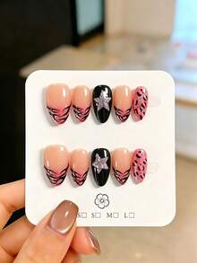 10pcs Handmade Press-On Fake Nails, Almond Shape, Halloween Eve Nude Pink Gradient With Black Pink Leopard Print, Black Tiger Stripe And Glitter Pentagram Accents, Eye-Catching Minimalist Design, Suitable For Party, Wedding, Daily Wear, Includes Nail Tools, Perfect Gift For Women And Girls - Pink - View 12