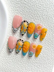 10pcs Y2K Style Handmade Press-On Nails, Polygel Nail Art Set, Tortoise Shell & Floral Pattern, Orange & Blue Nails, Sweet & Cool Vacation Style, Includes Nail Tools, 3 Sizes Available, Almond/Duck/Coffin Shape, Suitable For Party, Dancing, Daily Wear - Multicolor - View 18