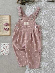 Baby Girl Pink Ditsy Floral Overalls, Adjustable Shoulder Straps, Vintage Versatile - Pink - View 6