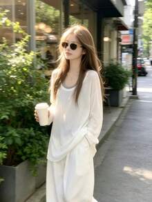 New Spring/Autumn Women's 2-Piece Set White Long Sleeve T-Shirt & Slightly Sheer Sun Protection Cover-Up Top - White - View 4