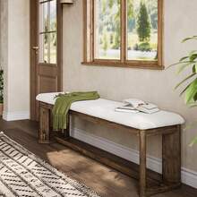 LITTLE TREE 160 Cm Country-Style Solid Wood Dining Bench, Antique Brown Legs, Seat Cushion Included, For Bed Foot, Hallway, Living Room - White/brown - View 8