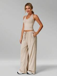 MFVIM Women's 2-Piece Sports Set, Yoga Halter Top And Wide-Leg Casual Pants, Breathable, Soft, And Comfortable, Perfect For Daily Wear - Linen - View 7