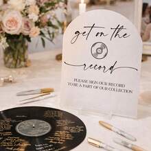 1pc Personalized Acrylic Wedding Sign - "Get On The Record" Vinyl Record Style Guestbook Alternative, Custom DJ Theme Sign, Modern Transparent/White Acrylic Ceremony Reception Decor, Unique Bridal Shower Gift - 20x25cm - View 4
