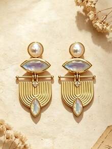 1 Pair Vintage Elegant Geometric Moonstone & Pearl Design Pendant Earrings, Suitable For Women's Daily, Party, Travel Wear Jewelry Gift - Yellow Gold - View 1